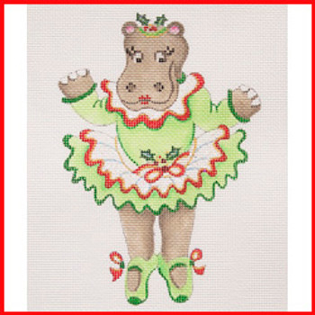 CODA-05 Dancing hippopotamus in green Christmas tutu on her toes 6 3/4" x 4 1/2" 18 Mesh Strictly Christmas