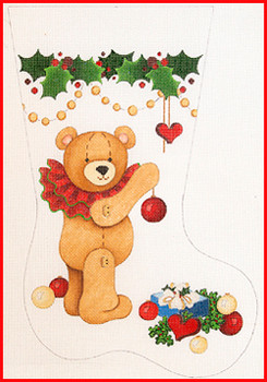 CS-1121 Bear w/red ruffle collar and ornament 18 Mesh Stocking MID-SIZE 18" tall Strictly Christmas!