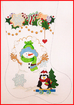 CS-1131 Snowman w/snowballs & penguin on rollers - cookie, candy & holly garland 13 Mesh Stocking MID-SIZE 18" tall Strictly Christmas!