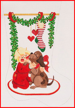 CS-1138 Boy hugging dog w/big red bow; garland w/large red striped stocking 13 Mesh Stocking MID-SIZE 18" tall Strictly Christmas!