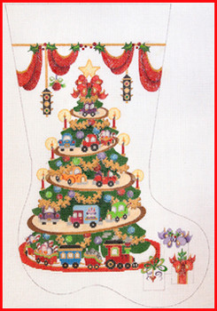 CS-1185 Transportation tree w/cars & a train 13 Mesh Stocking MID-SIZE 18" tall Strictly Christmas!