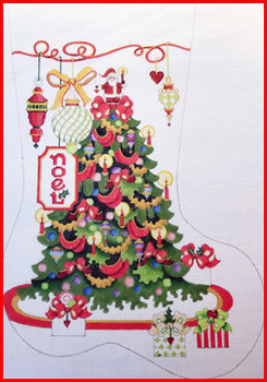 CS-1201 Tree w/large ornaments hanging from ribbon & Noel tag 13 Mesh Stocking MID-SIZE 18" tall Strictly Christmas!