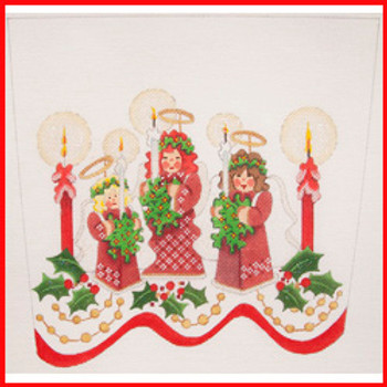CSC-24 Three standing red wooden angels w/candles 9 1/2" x 10 1/2 13 Mesh STOCKING CUFF Strictly Christmas!
