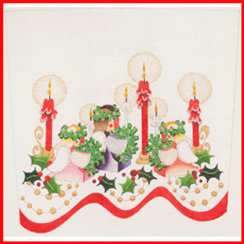 CSC-25 Two pink and one purple kneeling wooden angels w/candles 9 1/2" x 10 1/2" 18 Mesh STOCKING CUFF Strictly Christmas!