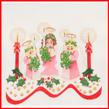 CSC-26 Three standing pink wooden angels w/candles 9 1/2" x 10 1/2" 13 Mesh STOCKING CUFF Strictly Christmas!