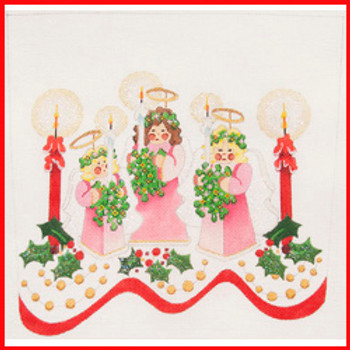 CSC-26 Three standing pink wooden angels w/candles 9 1/2" x 10 1/2" 18  Mesh STOCKING CUFF Strictly Christmas!