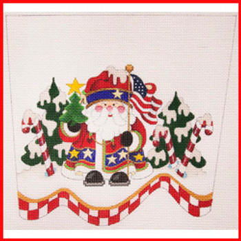 CSC-58 Patriotic Santa in snow w/peppermints & trees 9 1/2" x 10 1/2" 13 Mesh STOCKING CUFF Strictly Christmas!