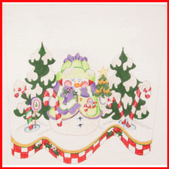 CSC-78 Snowman in snow w/soft green coat & hat w/peppermints & trees 9 1/2" x 10 1/2" 13 Mesh STOCKING CUFF Strictly Christmas!