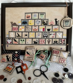 31 Days Of Halloween Stitch counts are: Large Design is 97h x 180w, Scissor Fobs (3) are 20 x 20, Mini Pincushion is 18 x 29, Needlebook is 36 x 56 & Pincushion is 37 x 43 by Romy's Creations 22-1427 YT