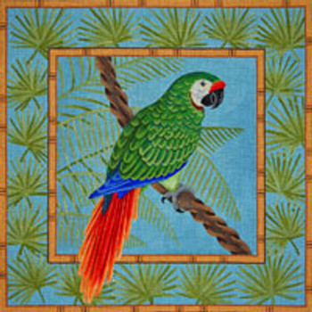 Bird/Insect B344 Green Macaw in Palm Leaves 16 x 16 13 Mesh JP Needlepoint