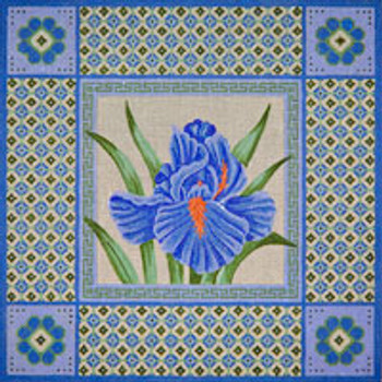 Asian O024	Blue Iris on Sage Green Borders 11 x 11 18 Mesh JP Needlepoint 