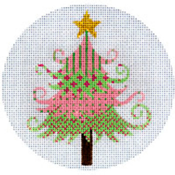 CHRISTMAS X129 Pink & Green Christmas Tree 4.5 diameter 18 Mesh JP Needlepoint