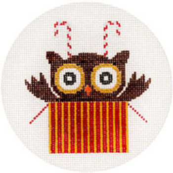 CHRISTMAS X202 Present Owl w/Candy Canes 4.5" Diameter 18 Mesh JP Needlepoint