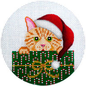 CHRISTMAS X252 Orange Tabby in a Box 4.5" Diameter 18 Mesh JP Needlepoint