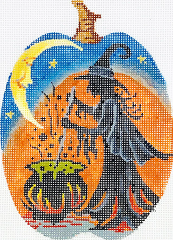 KCN1573 Cauldron Witch Silhouette Pumpkin 4.25"w x 6"h 18 Mesh Kelly Clark Needlepoint