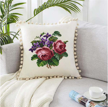 Roses and Purple Flowers -E Antique  Needlework Design