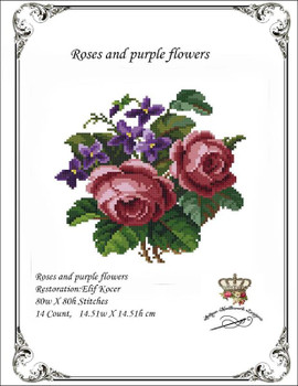 Roses and Purple Flowers -E Antique  Needlework Design