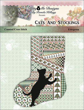 Cat And Stocking Evergreen 114 wide X 157 high Kitty And Me Designs