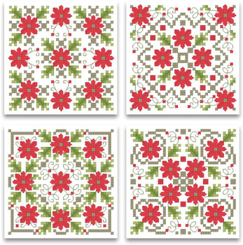 Christmas Poinsettia Biscornu Ornaments 42w x 42h Each With satin stitches Kitty And Me Designs