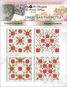 Christmas Poinsettia Biscornu Ornaments 42w x 42h Each With satin stitches Kitty And Me Designs