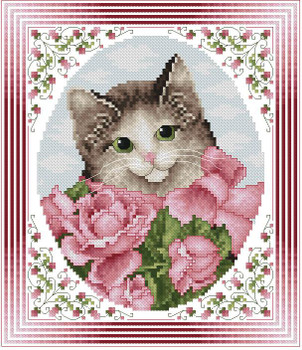 Rose Garden Cat 100 stitches wide X 116 stitches high Kitty And Me Designs
