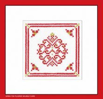 HCK1726A Filigree Bauble Card Red (pk of 3) - Red & Gold Filagree Collection Greeting Card by Kirsten Roche Heritage Crafts Kit