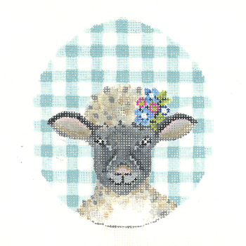 KEA79-18 Black Lamb with Flower Crown on Aqua Gingham Kelly Clark Needlepoint