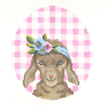 KEA84-18 Kidd with Flower Crown on Pink Gingham Kelly Clark Needlepoint