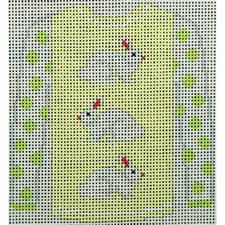 O208N sweater - 3 white bunnies on yellow with green polka dot sleeves  3.75 x 4 18 Mesh Kristine Kingston Needlepoint Designs
