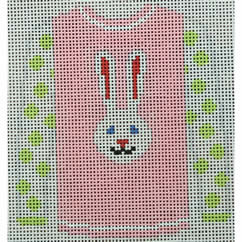 O208C sweater - Long Ear White Bunny on Pink with green dot sleeves  3.75 x 4 18 Mesh Kristine Kingston Needlepoint Designs