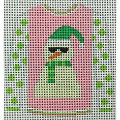 O199AK Sweater Snowman On Pink With Green Polkadots  3.75" x 4" 18 Mesh Kristine Kingston Needlepoint Designs