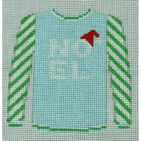 O199AB Sweater- Ho Ho Ho Blue with Red Hats Green Sleeves 3.75" x 4" 18 Mesh Kristine Kingston Needlepoint Designs