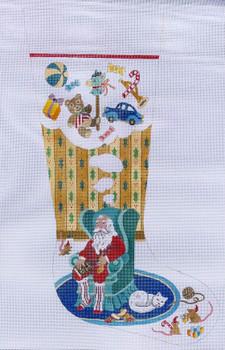 MM Designs 07H2 Santa Sitting in Chair/ Toys 14"x  23" 13 Mesh Stocking