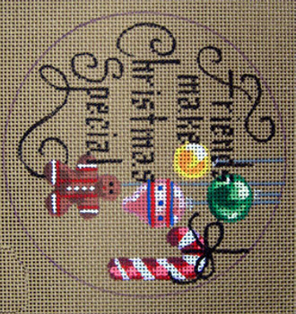 D-180 Friends Makes Christmas Special (on brown canvas) 4 round 18 Mesh Designs By DEE