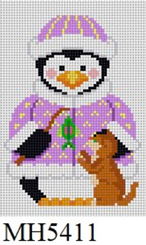 ORNAMENT MH5411 Susan Roberts Needlepoint PENGUIN, GIRL WITH KITTEN  5.5" High 13 MESH