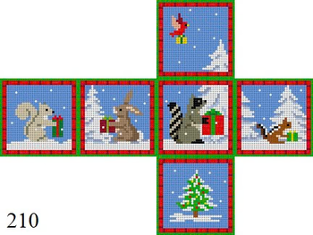 Cube  210 Susan Roberts Needlepoint  FOREST ANIMALS WITH PRESENTS, 2" CUBE - 18 MESH