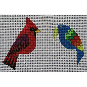 ZE512 Cardinal & Parrot w/ SG by Ruth Schmuff  3″x 3.5″ish 18 Mesh Zecca