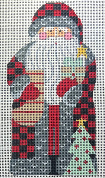 CH-1387 Father Christmas - Buffalo Plaid holding Present 3 ½ x 6 ¼  18 Mesh CH Designs