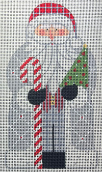 CH-1388 Father Christmas - Grey holing Tree and Candy Cane 3 ½ x 6 ¼  18 Mesh CH Designs