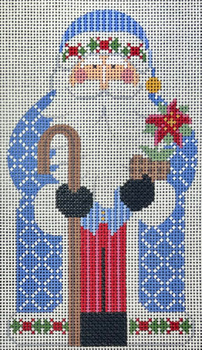 CH-1393 Father Christmas - Blue holding Staff and Poinsettia 3 ½ x 6 ¼  18 Mesh CH Designs