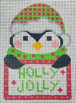 CH-1414 Penguin Tag - Holly Jolly  2 ¾ x 3 ¾ 18 Mesh CH Designs