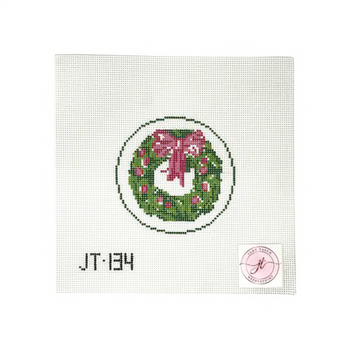 JT134 PINK/GREEN WREATH 4" x 4" 13 Mesh JUDY TASCH NEEDLEPOINT