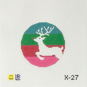 X-27 Reindeer on Stripes, 13m 	13 mesh 4" Round 13 Mesh LAUREN BLOCH DESIGNS