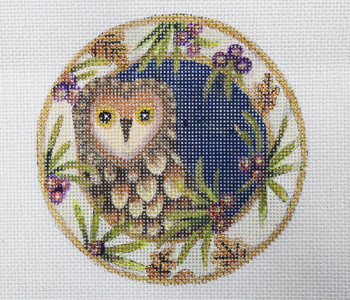 JG-197 Xmas Coaster Ornament- Owl 4.75” Diameter 18 Mesh Janice Gaynor