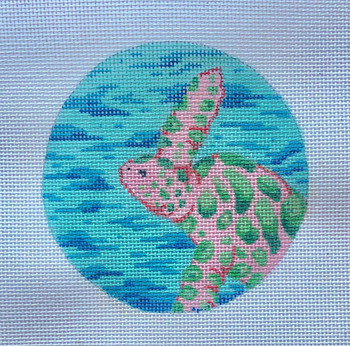 27D – Pink & Green Turtle/ Aqua & Blue Waves- 4” round 18 Mesh MM Designs