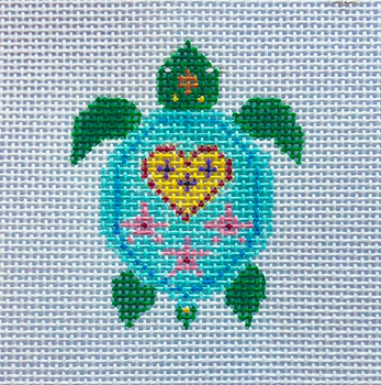 22D - Turtle- Yellow Heart/ Aqua & Green 2.5" x 3.25" 13 Mesh MM Designs