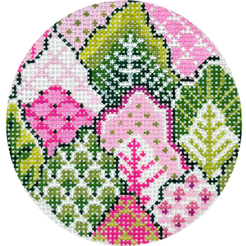 KCBJ26 Pink & Green Turkish Leaf 3" Round 18 Mesh Kelly Clark Needlepoint