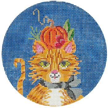 KFC11-18 Ginger Tom a Halloween Cat 4.5" Round 18 Mesh Kelly Clark Needlepoint