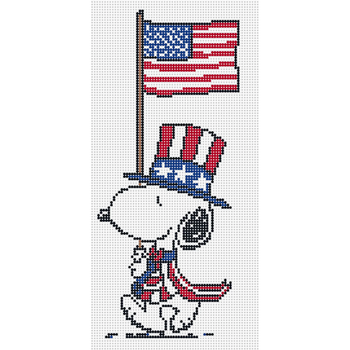 PEANUTS PATRIOTIC - SNOOPY MARCHING WITH FLAG  3.1" W x 7.1" H 18 Mesh Officially Needlepoint PNTS-PATRIOT01 © 2025 Peanuts