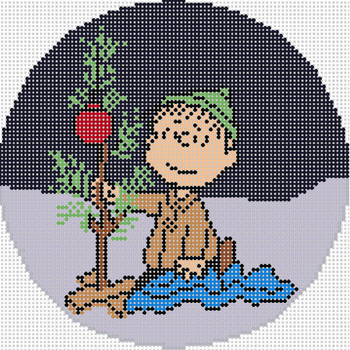 PEANUTS "A CHARLIE BROWN CHRISTMAS" - LINUS KNEELING WRAPPING BLANKET AROUND TINY TREE ROUND 5' 18 Mesh Officially Needlepoint CBC5